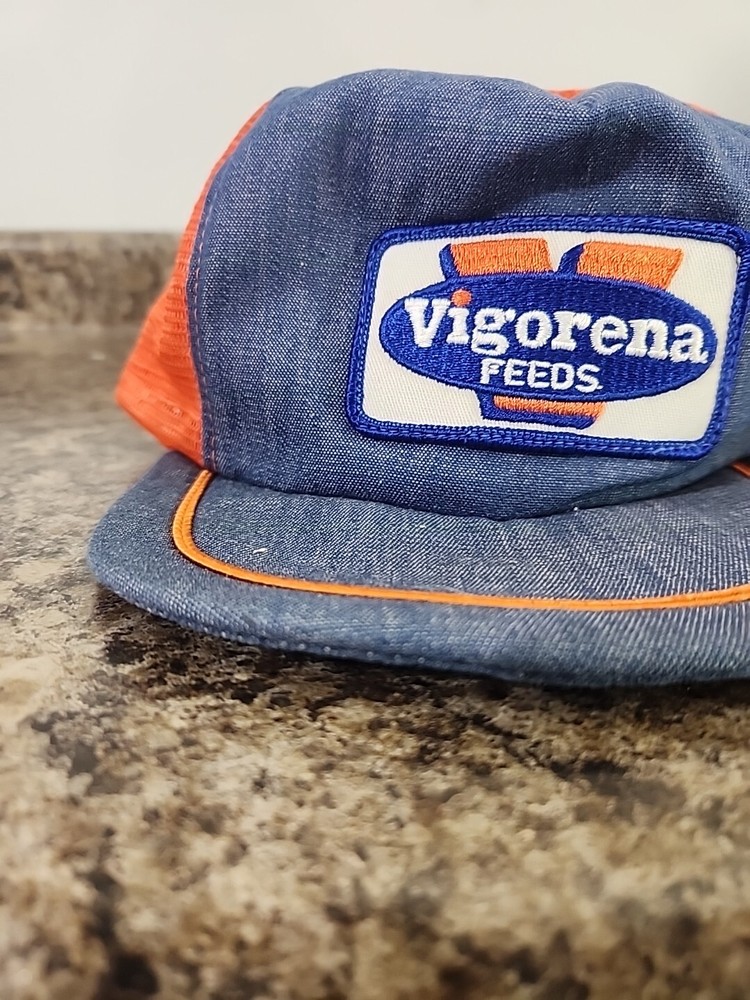 Vtg Vigorena Feeds Snapback Trucker Hat Mesh Patch Orange Denim