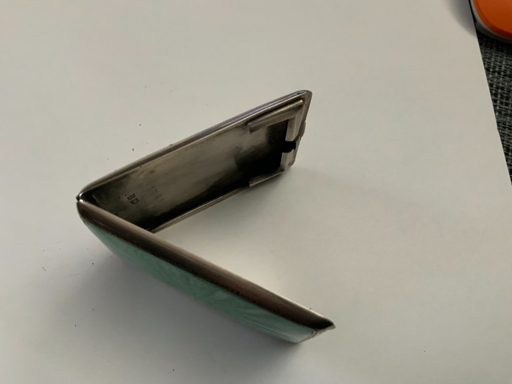 Solid Sterling Silver Art Deco Green Guilloche Enamel Vesta