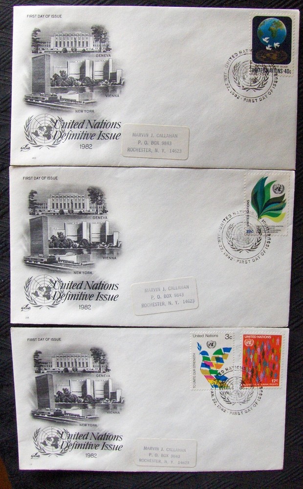 United Nations 3 FDC DEFINITIVE ISSUE, New York 1982.