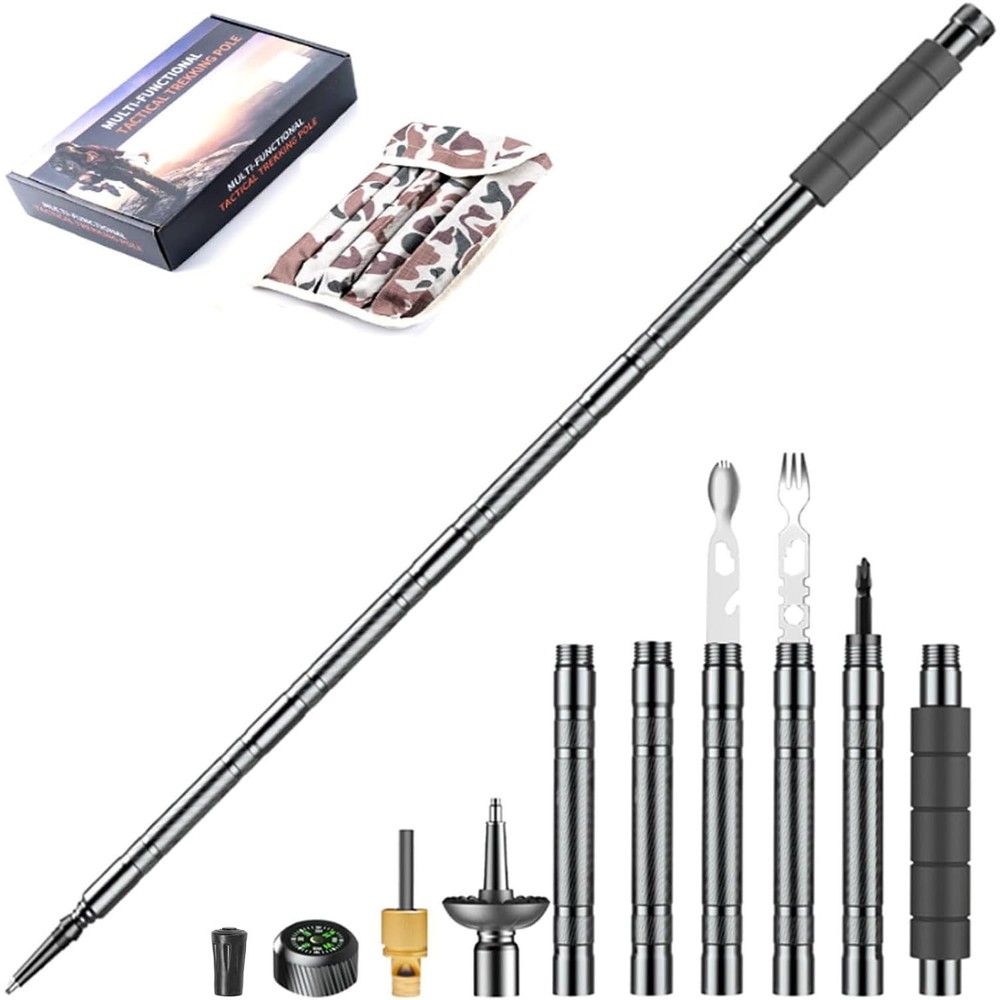 Trekking Pole Tactical Walking Stick, Multifunctional 6-section gray handle