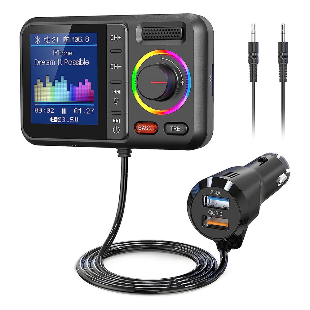 ABS Bluetooth 5.0 Car Wireless FM Transmitter Adapter 2USB PD Charger AUX