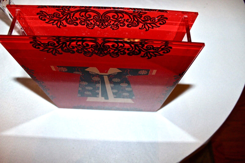 Red Rectangular Glass Vase with painted kimona design Front/back