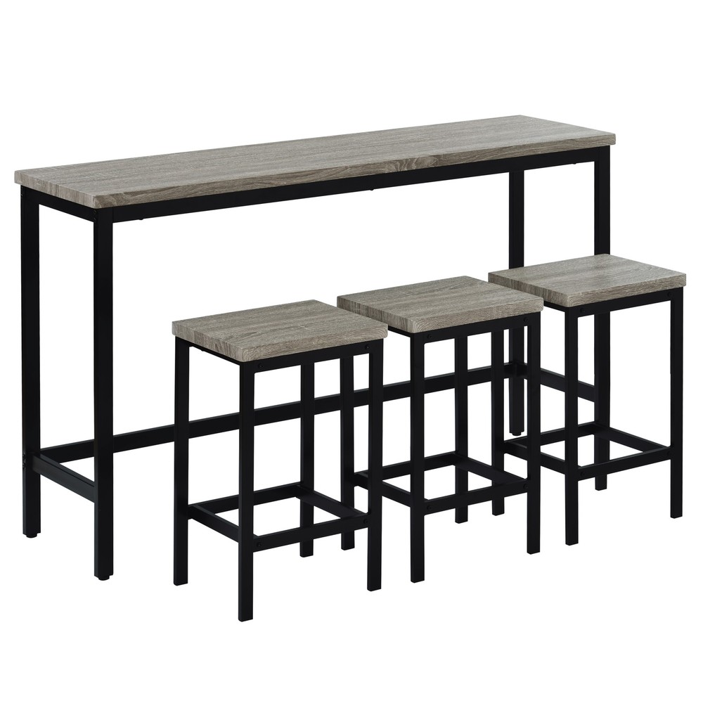 Three-piece set, long dining table with counter height and three stools, grey