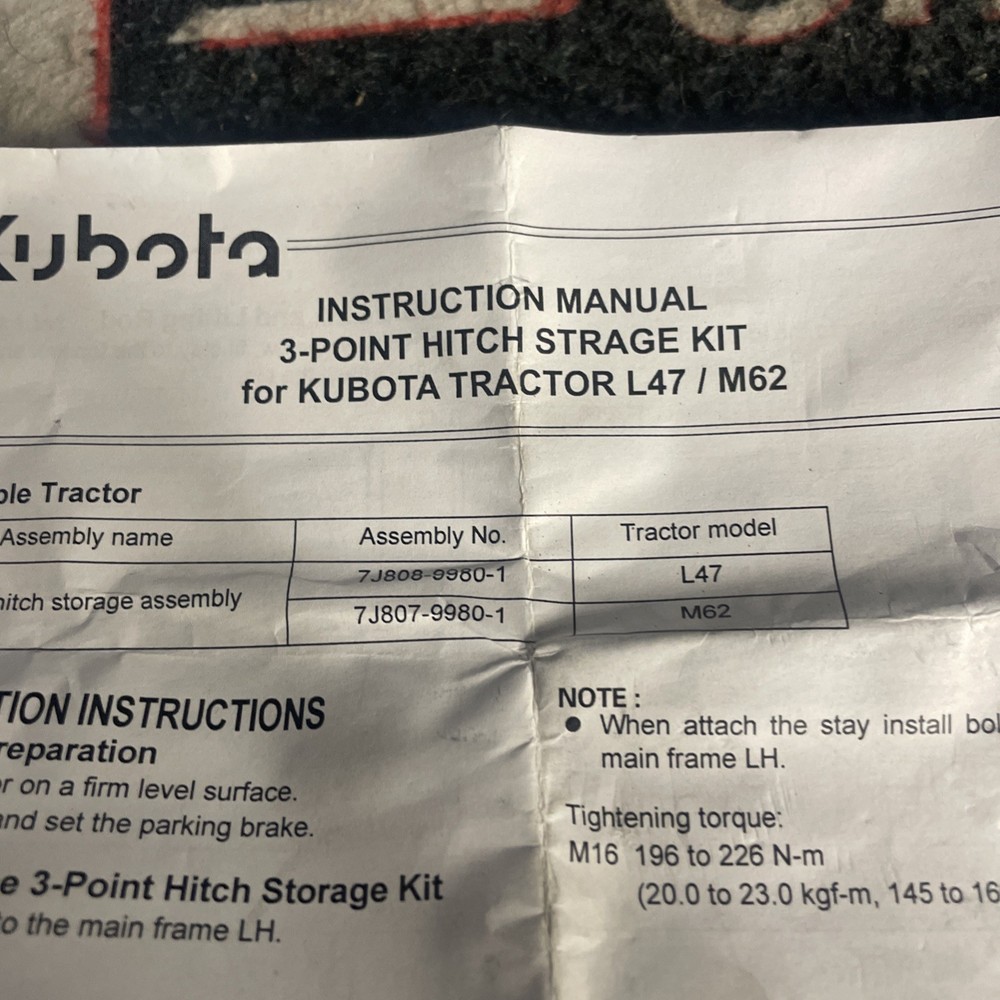 Kubota M1808 3 Point Hitch Storage Panel for L47 / M62
