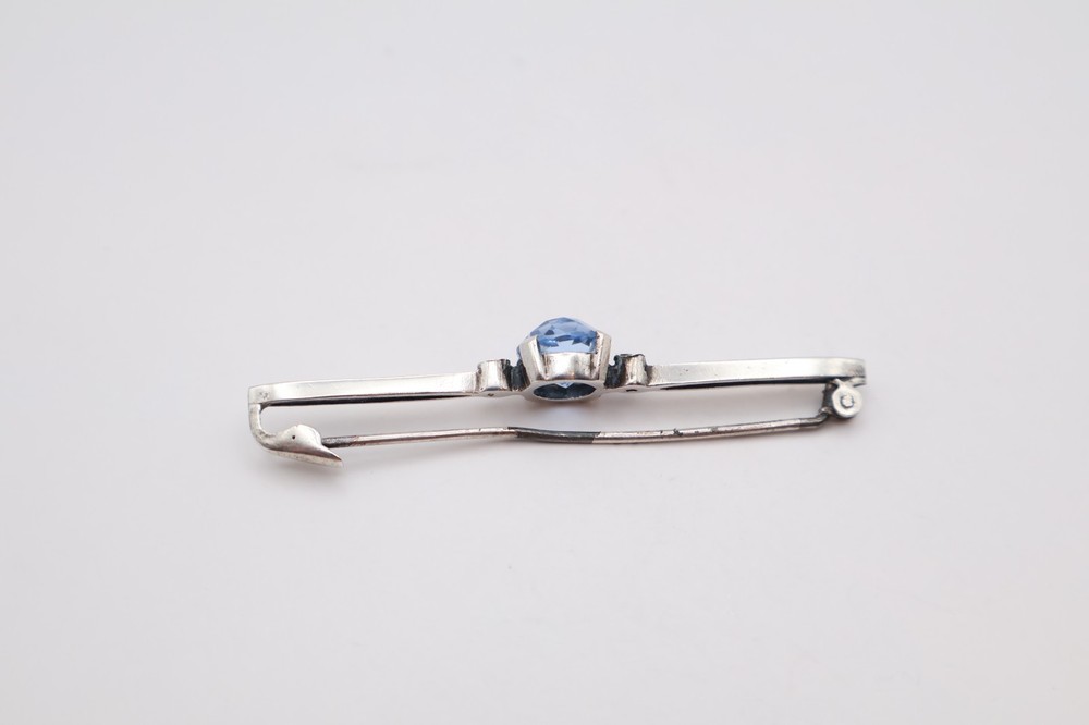 Vintage Silver Bar Brooch with Blue Stone