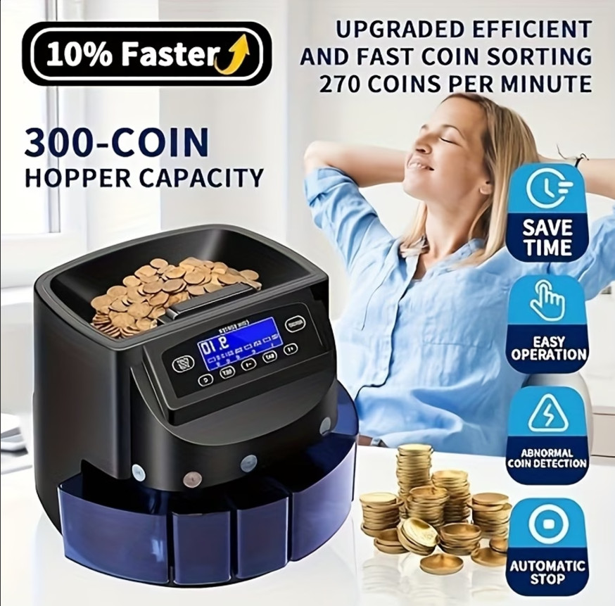 USD Coin Counter Machine w LCD Display,500 Coins Capacity Automatic Coin Sorter