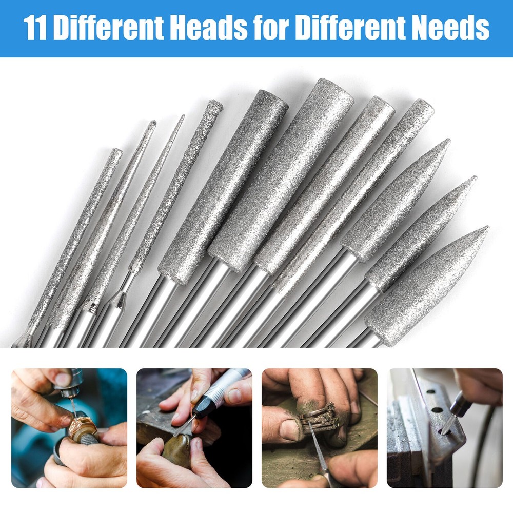 11PCS 1/8" Different Shapes Diamond Burr Bits Rotary Tools Kit Accessories