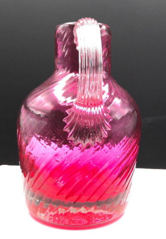 Mini Hand-Blown Cranberry Glass Jug with Handle Unsigned