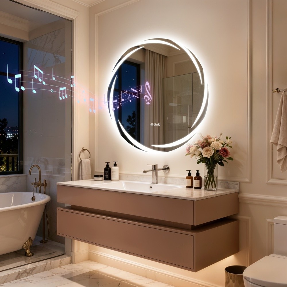 32" Smart LED Bathroom Mirror Wall-Mounted with Bluetooth Speaker Dimmable Round