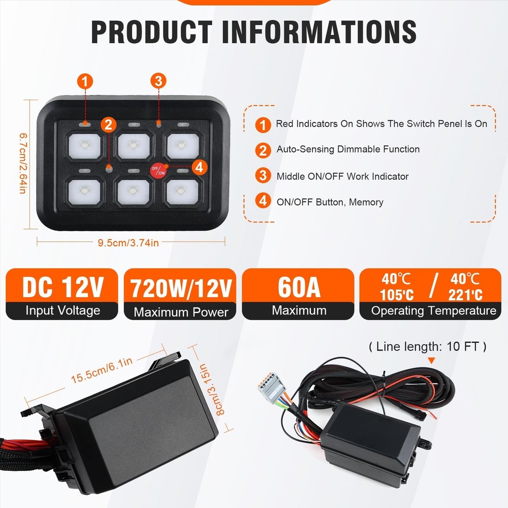 6 Gang Switch Panel with Fuse Wiring Harness and Label Sticker, Universal Aux...