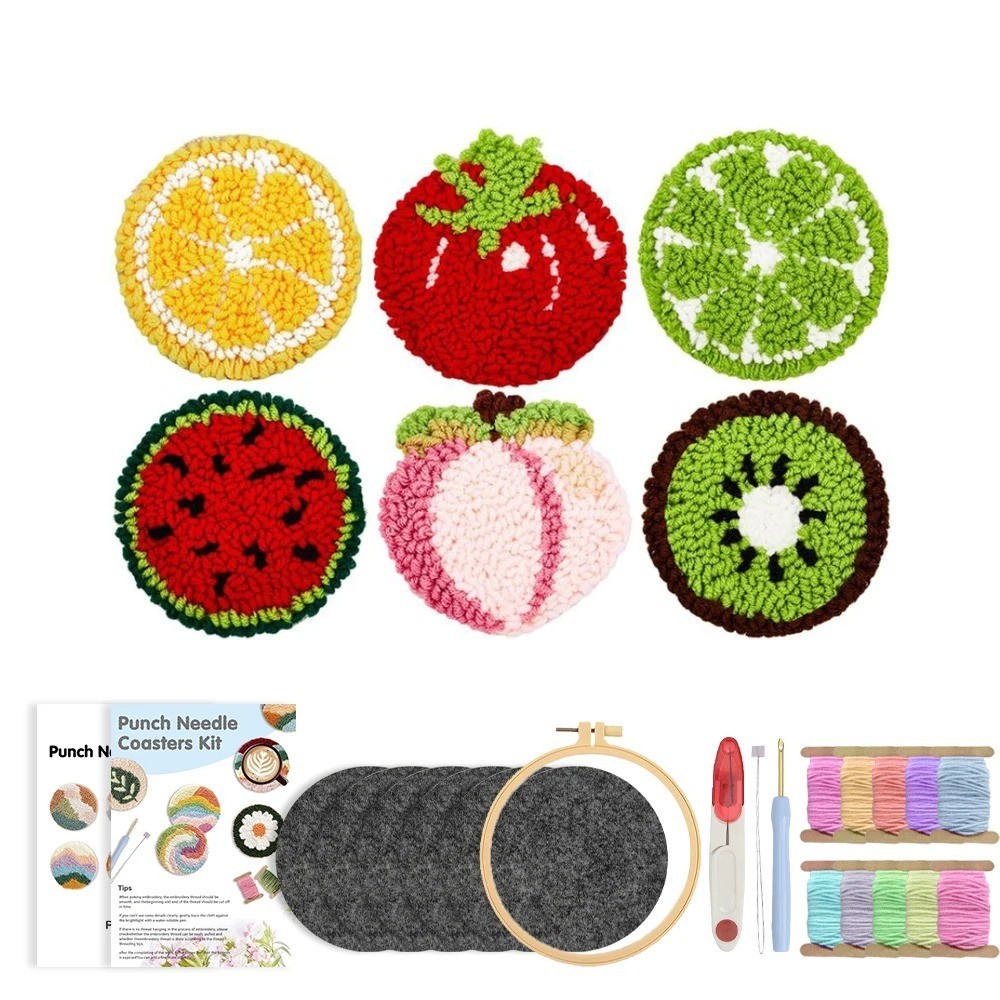 6pcs DIY Punch Needle Kit with Fruit Coaster Patterns – Embroidery Starter Set