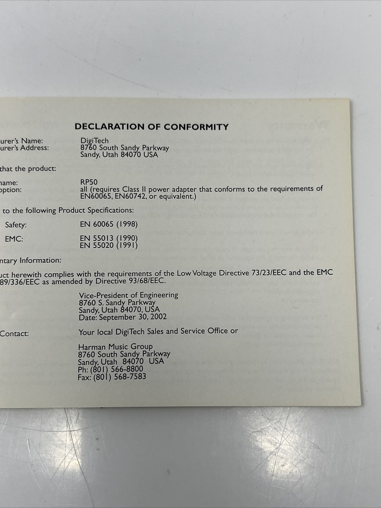 2003 Vintage Harman Music DigiTech RP50 Modeling Guitar Processor User’s Guide