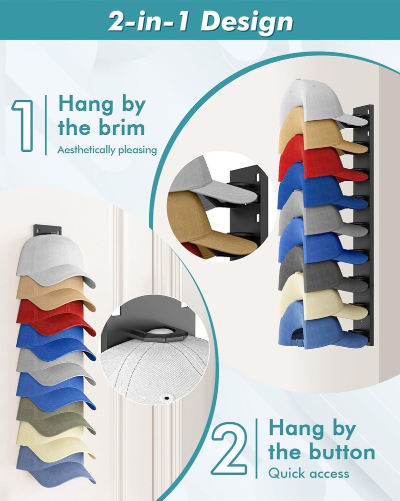 Hat Organizer for Baseball Caps (2-Pack), Strong Adhesive Hat Rack for Wall, ...