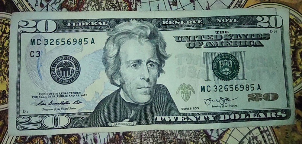 TWENTY DOLLAR FRN WITH UNUSUAL PRINTING ERROR.