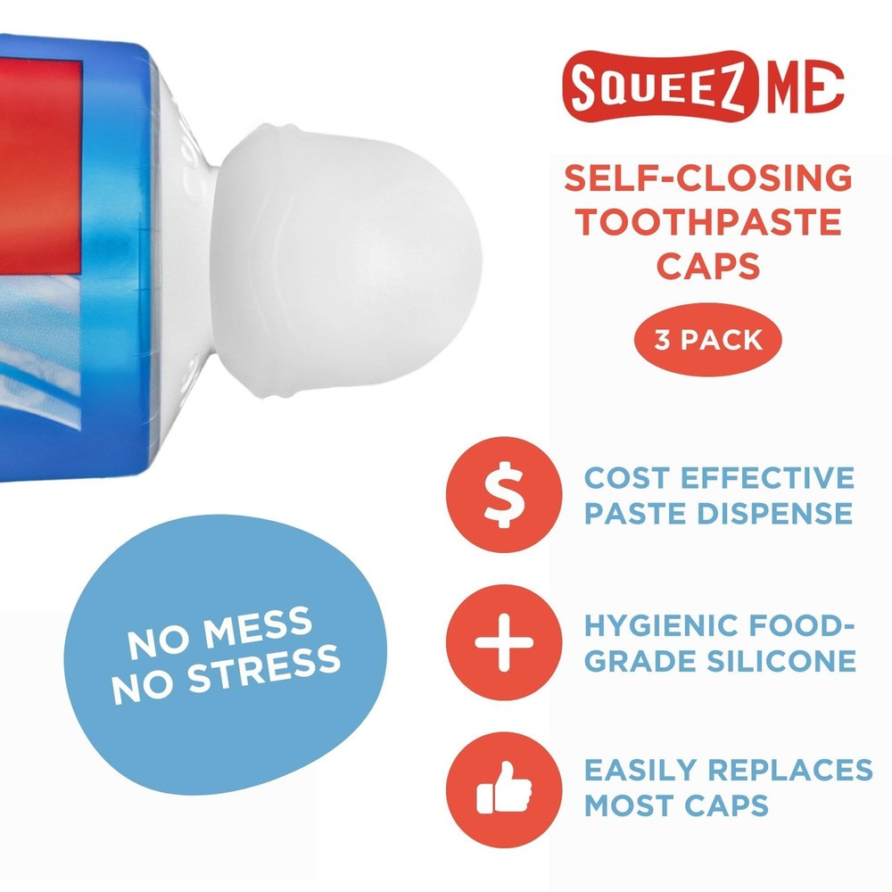 Chrome Cherry SqueezMe Self-Closing Toothpaste Caps, Silicone 3-Pack, Clear