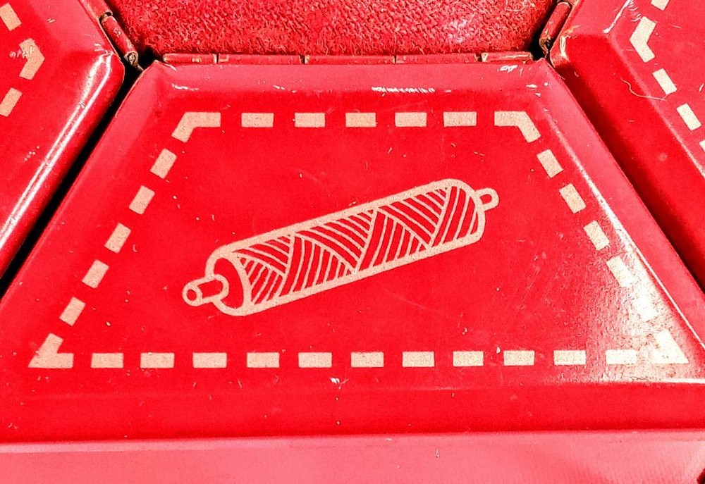 Vintage Tin Hexagon Six Compartment Sewing Accessories Container ~ Rotates