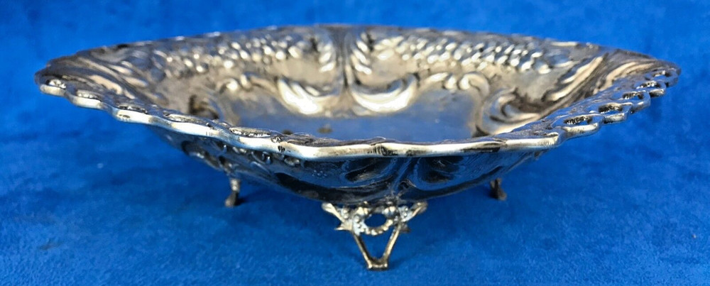 Vintage 925 Sterling Silver Repousse Footed Dish