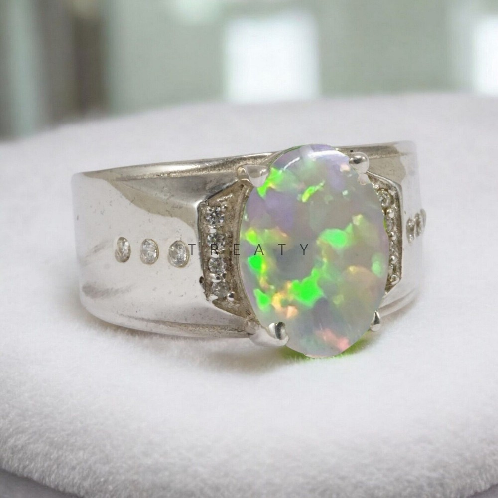 Opal Oval Cut Gemstone With 14K Solid White Gold Ring For Men's #185
