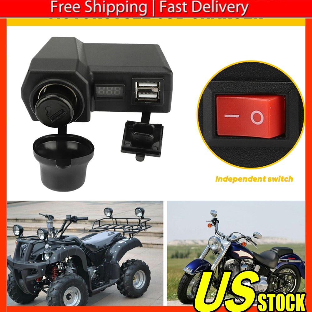 Motorcycle Handlebar Socket Waterproof Dual USB Phone Charger Cigarette Lighter