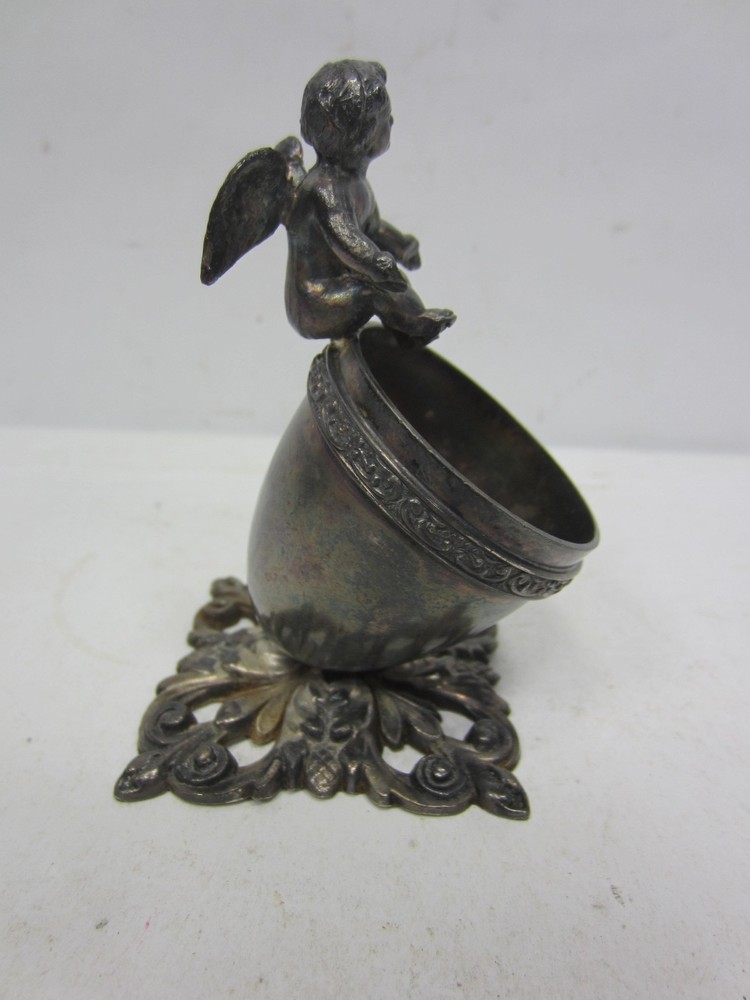 Antique Silverplated Cherub on Egg Toothpick Holder
