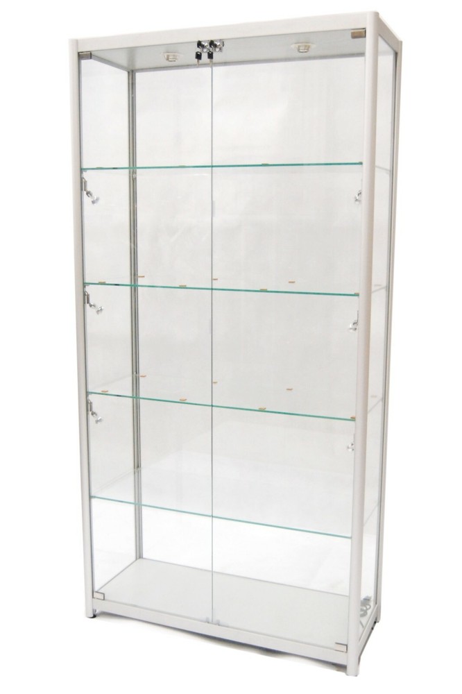 Silver Aluminum Glass Tower Display Showcase with Lockable Doors & LED Lighting