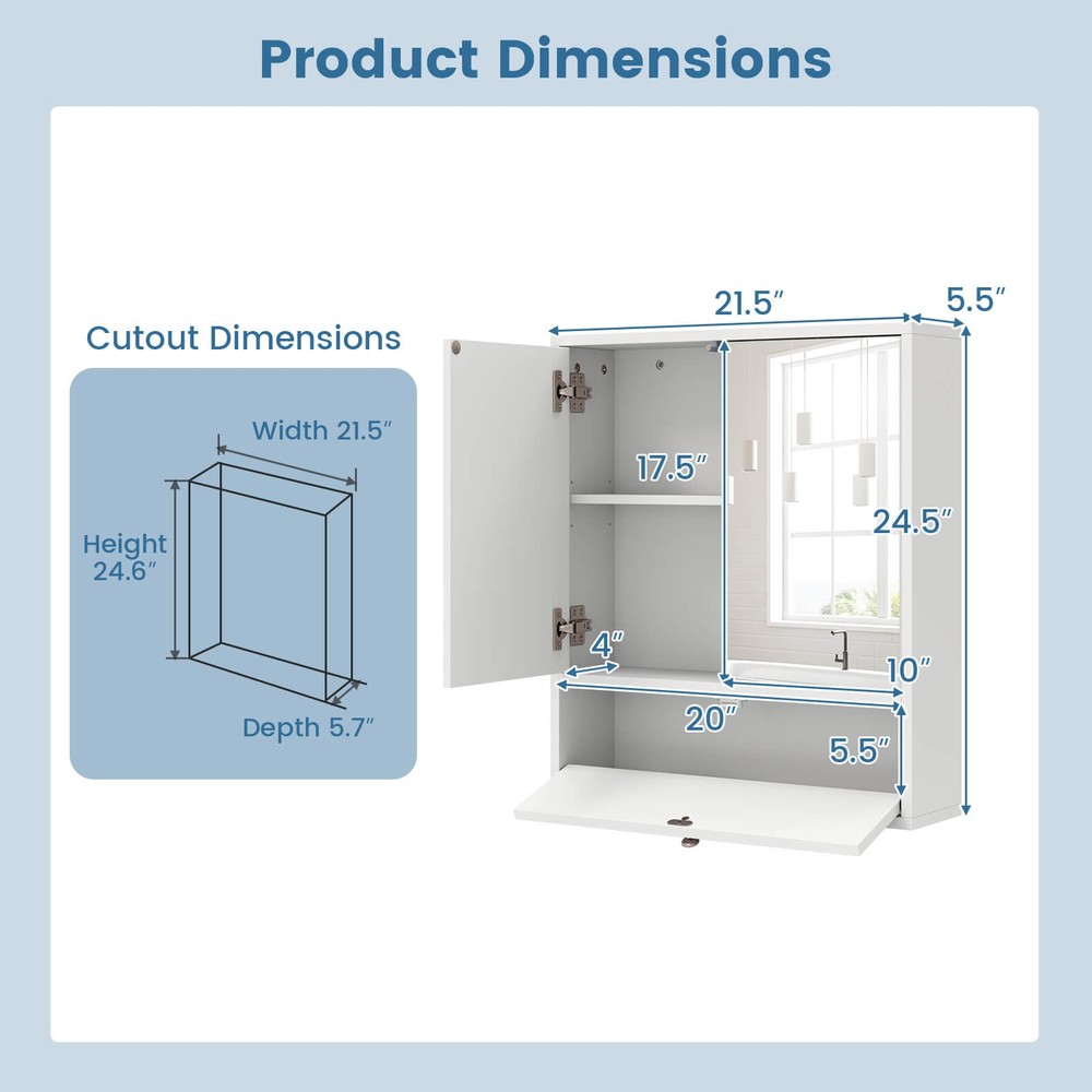 Wall Mounted Cabinet Bathroom W/Clear Mirror& Large Storage Space Shelf White