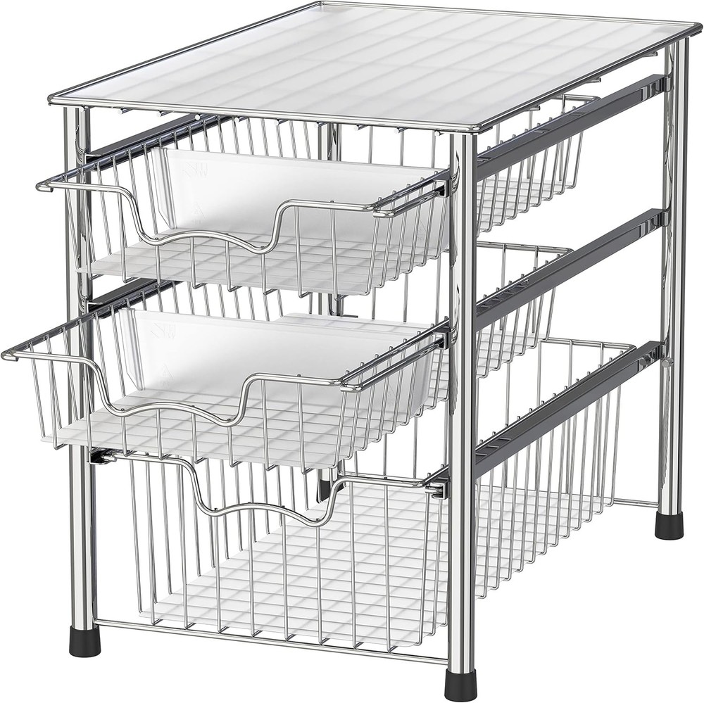 Elegant 3-Tier Chrome Stackable Sliding Basket Organizer for Effortless Storage