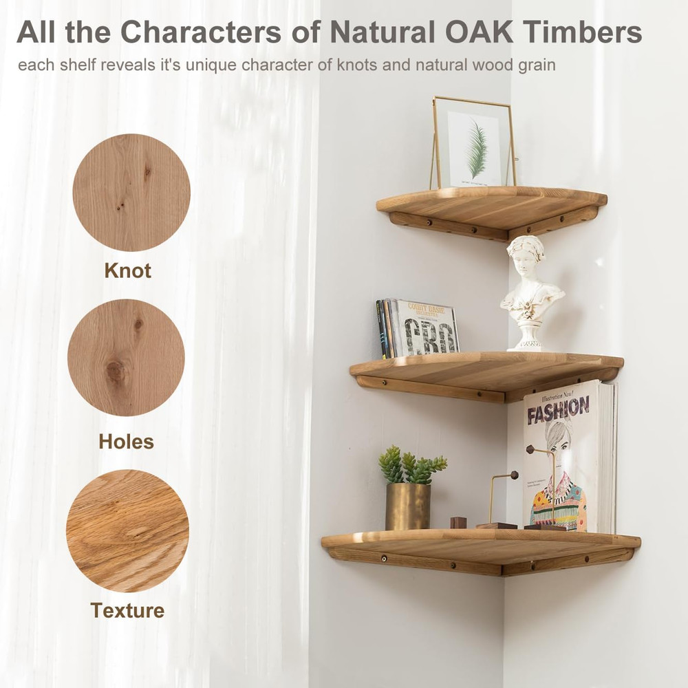 Corner Shelf, 7Inch Solid Oak Wood Floating Corner Shelf Wall Mount round End Fl