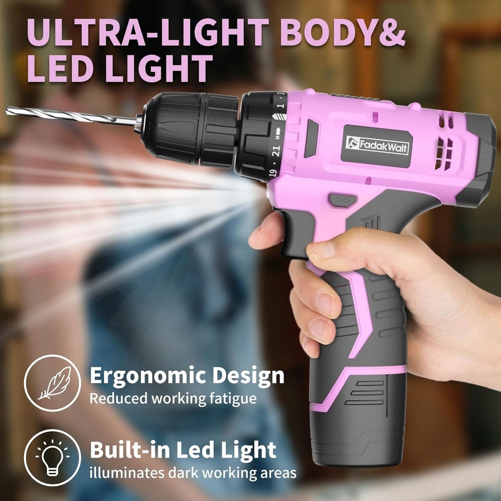 High-Performance 12V Pink Drill Set with Keyless Chuck - Versatile for Home Use