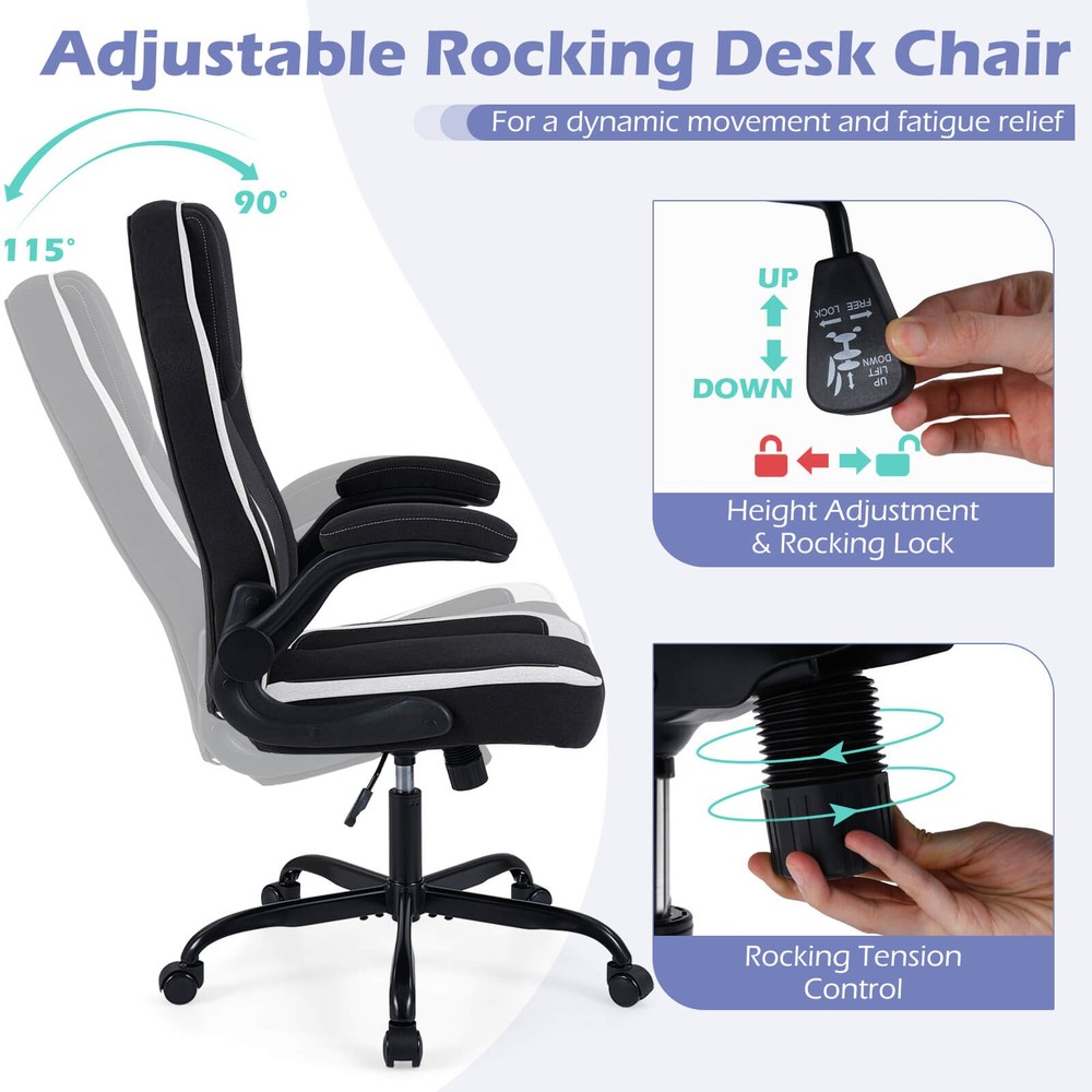 Office Chair w/90° Flip-up Armrests, Adjustable Height & Rocking Function,Wheels
