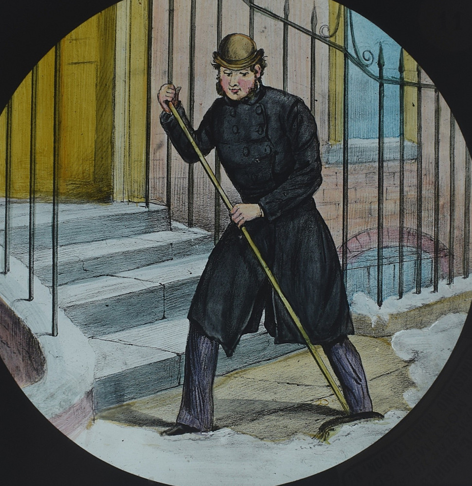 MAN SWEEPING SNOW FROM STEPS C1880 VICTORIAN HAND COLOURED Magic Lantern Slide