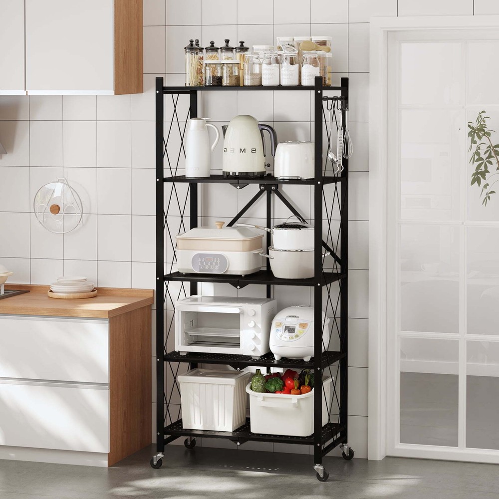 5-layer foldable storage rack, metal rack unit, basement and pantry storage rack