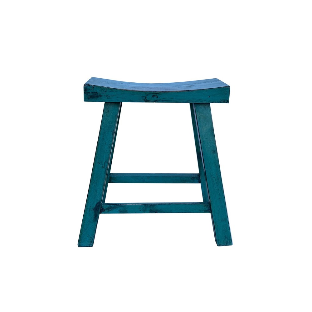 Distressed Teal Blue Rectangle Backless Slim Stool Bench Side Table JK327