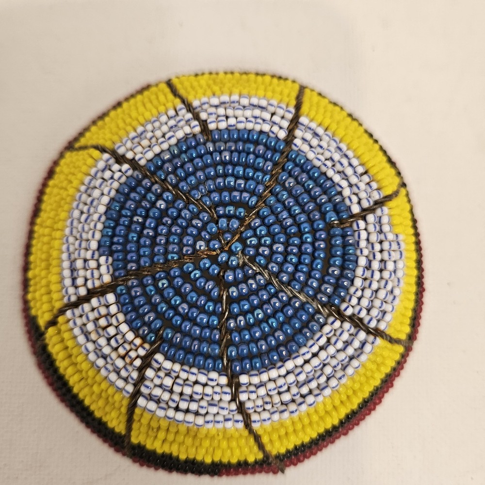 Handmade Woven Basket Multi-Colored Threaded Pattern -3 1/4" Across, 1" Depth