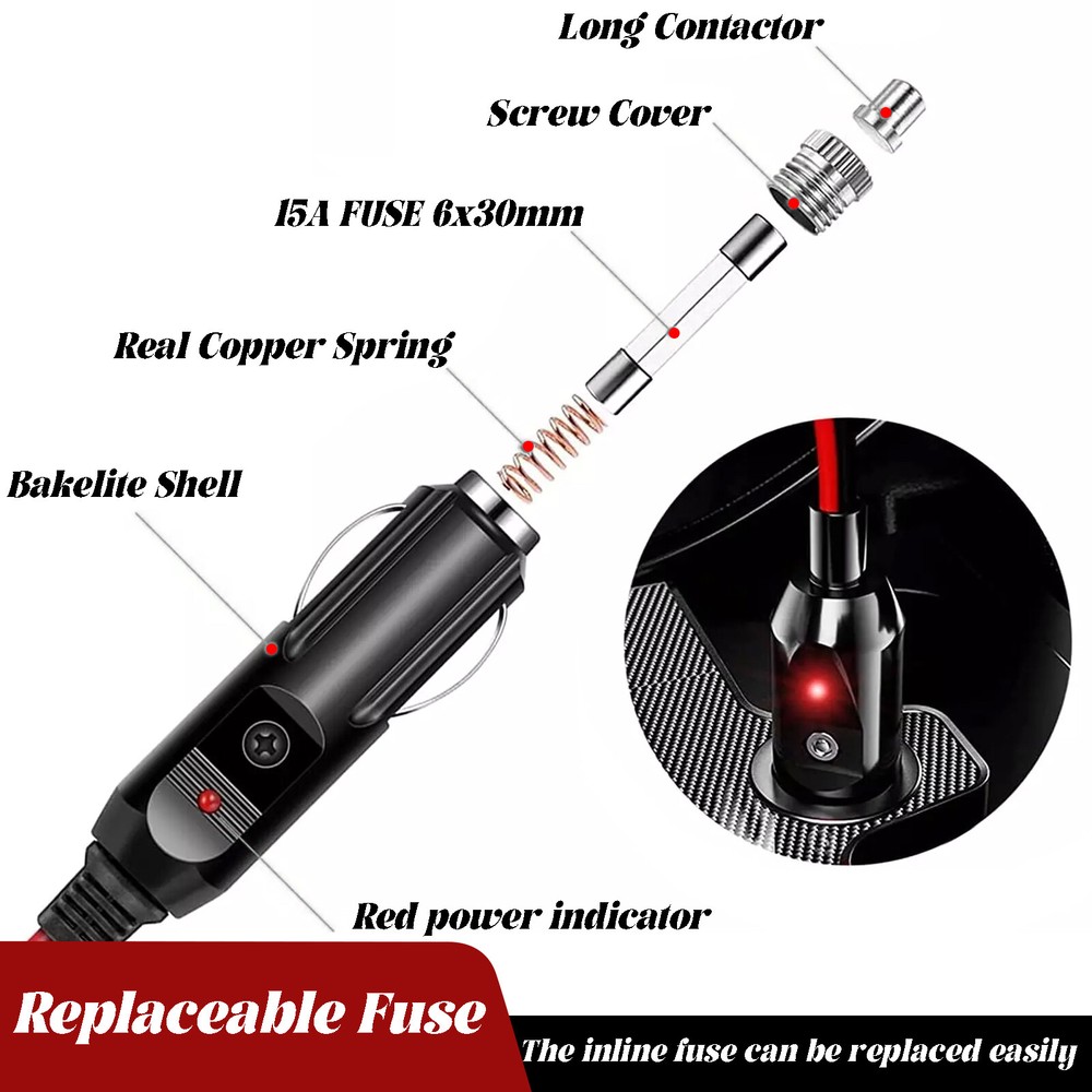 12ft Cigarette Lighter Extension Cord Cable DC Power Heavy Duty Socket Plug 12V