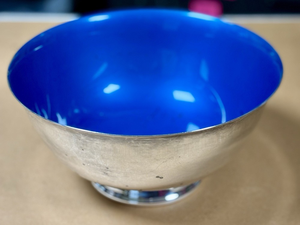 Silver Plated and Blue Enamel Bowl, 8" Diameter, 4" Tall