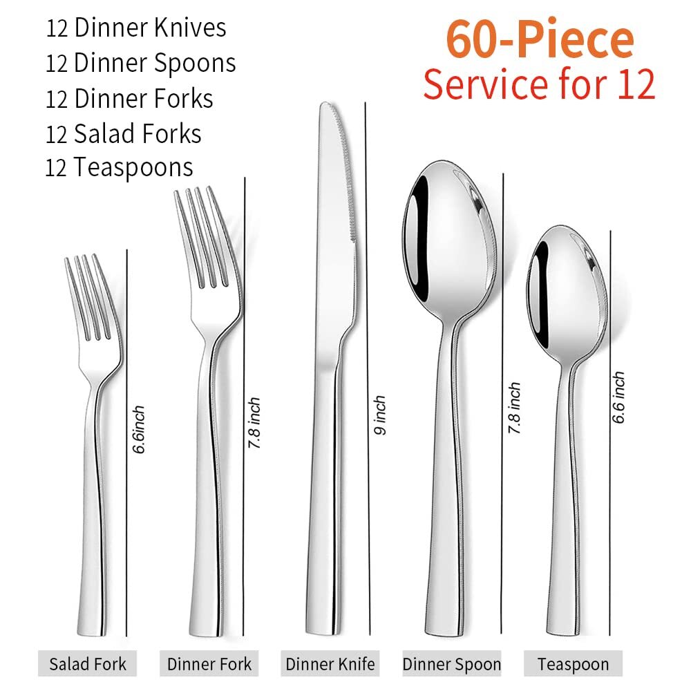 Silverware Set for 12, 60-Piece Stainless Steel Flatware Cutlery Set, Square ...