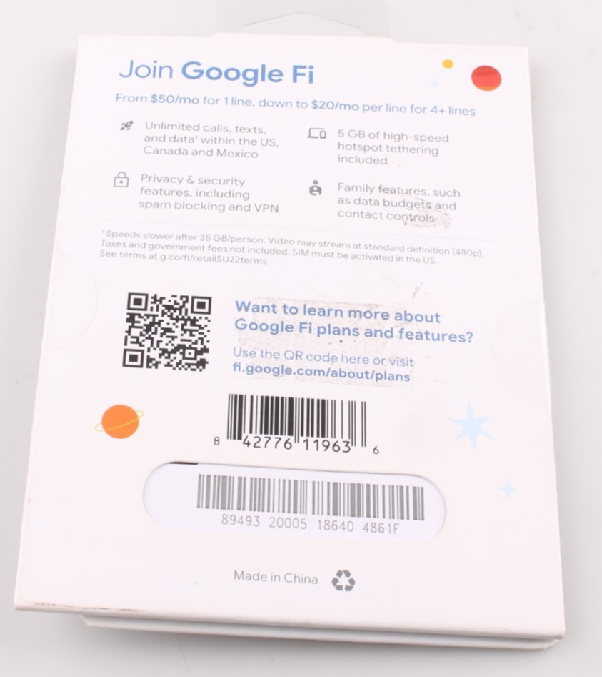 Google Fi Wireless Simply Unlimited Plan Call/Text/Data Unlimited 5G/4G LTE