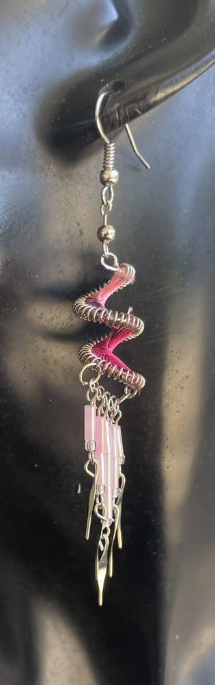 Peruvian Pink Spiral Long Silk Thread Earrings Beads Beaded Handmade Boho Peru