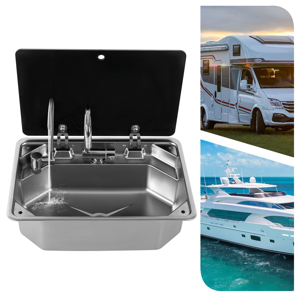 RV Sink Kitchen Sink with Hot&Cold Faucet and Tempered Glass Lid Stainless Steel
