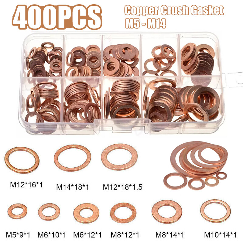 400PCS Assorted Crush Copper Gasket Seal Ring Hardware Set Metal Flat Washer