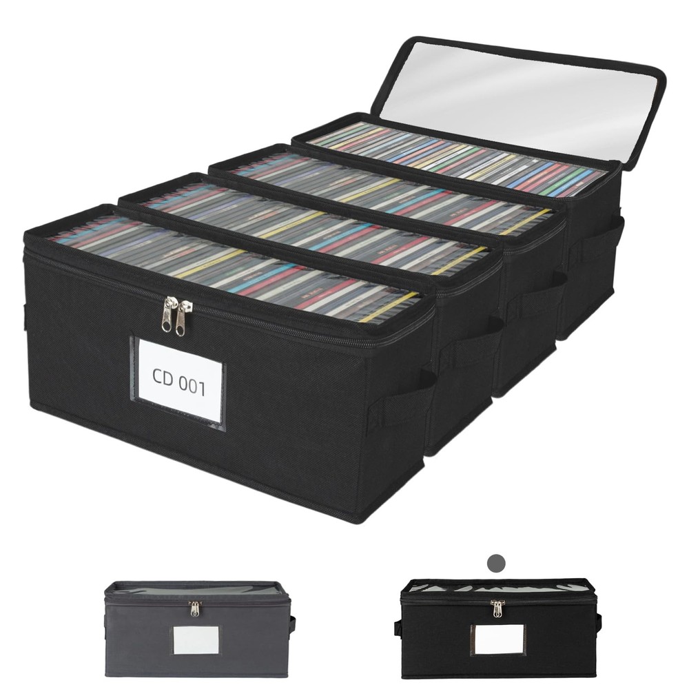 ComfortKeeper 4 Pack Fabric CD Storage Box with Clear Standard-4 Pack, Black