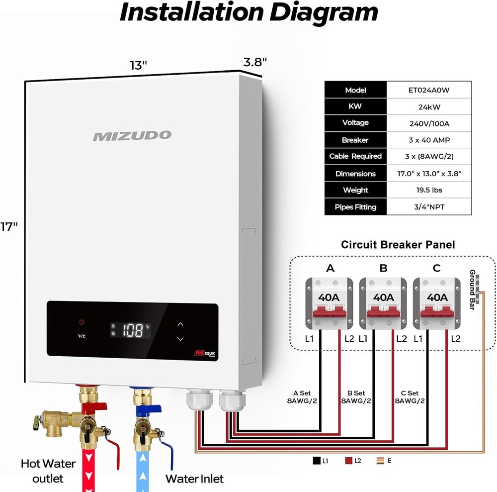 24kW Electric Tankless Water Heater Instant Hot Boiler for Whole House On-Demand