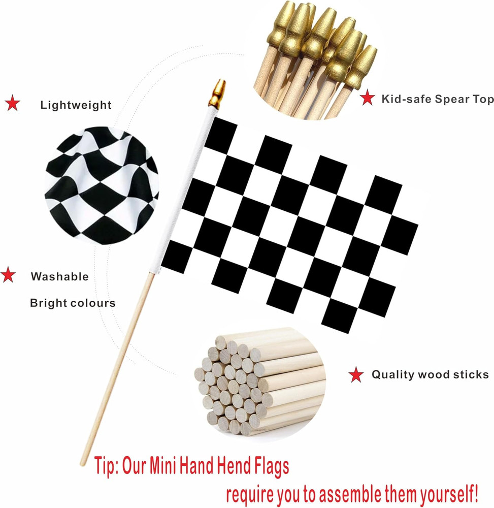 20 Pack Checkered Black and White Racing Mini Stick Flags Small Miniature Han...