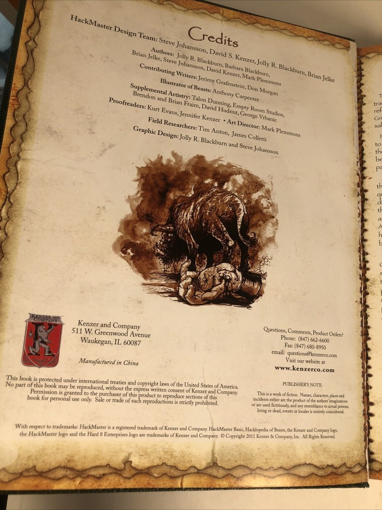 HACKMASTER HACKLOPEDIA OF BEASTS Hardcover RPG Bestiary Rule book Kenzer