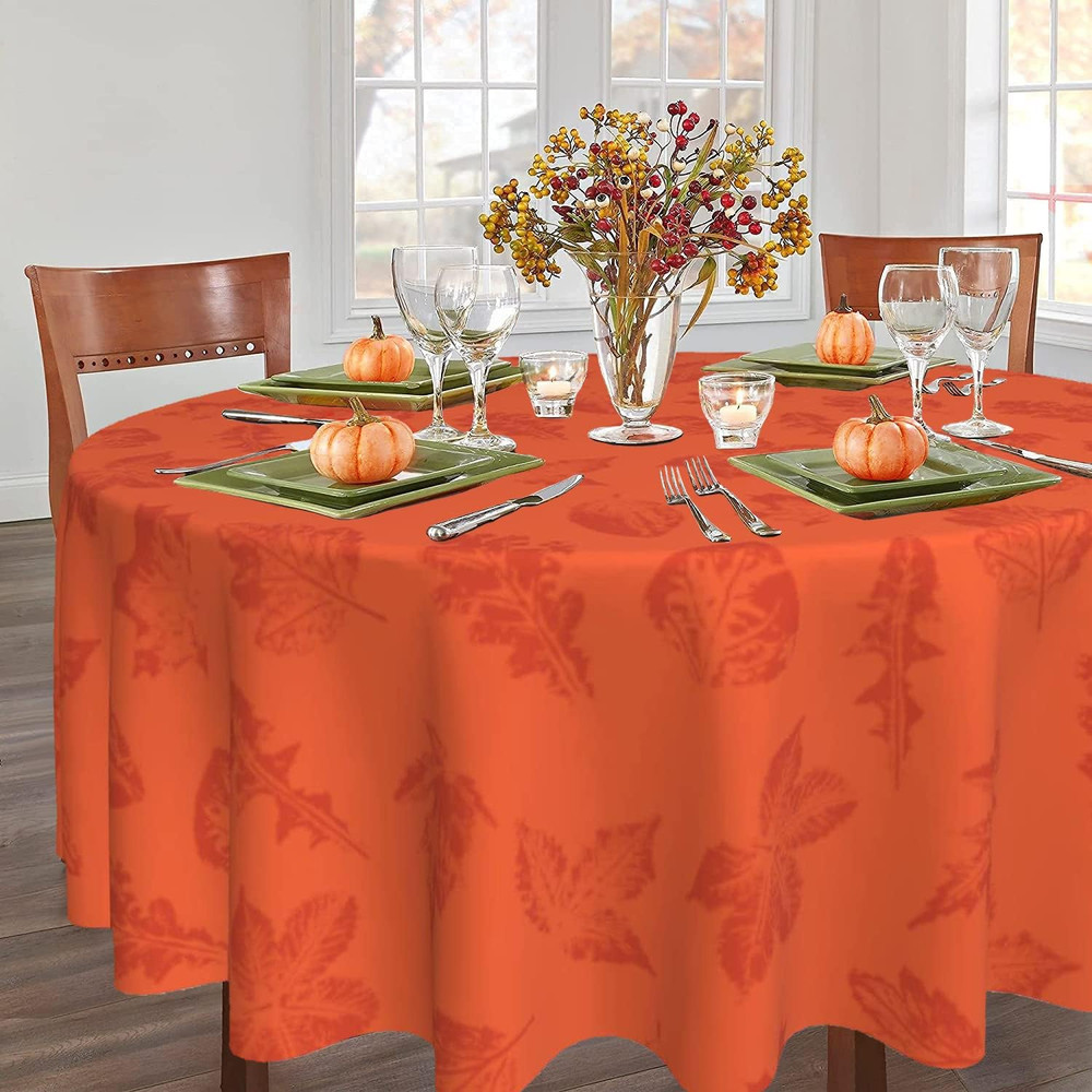 Fall Tablecloth Round 60 Inch Autumn Maple Leaf Thanksgiving Orange Table Cover