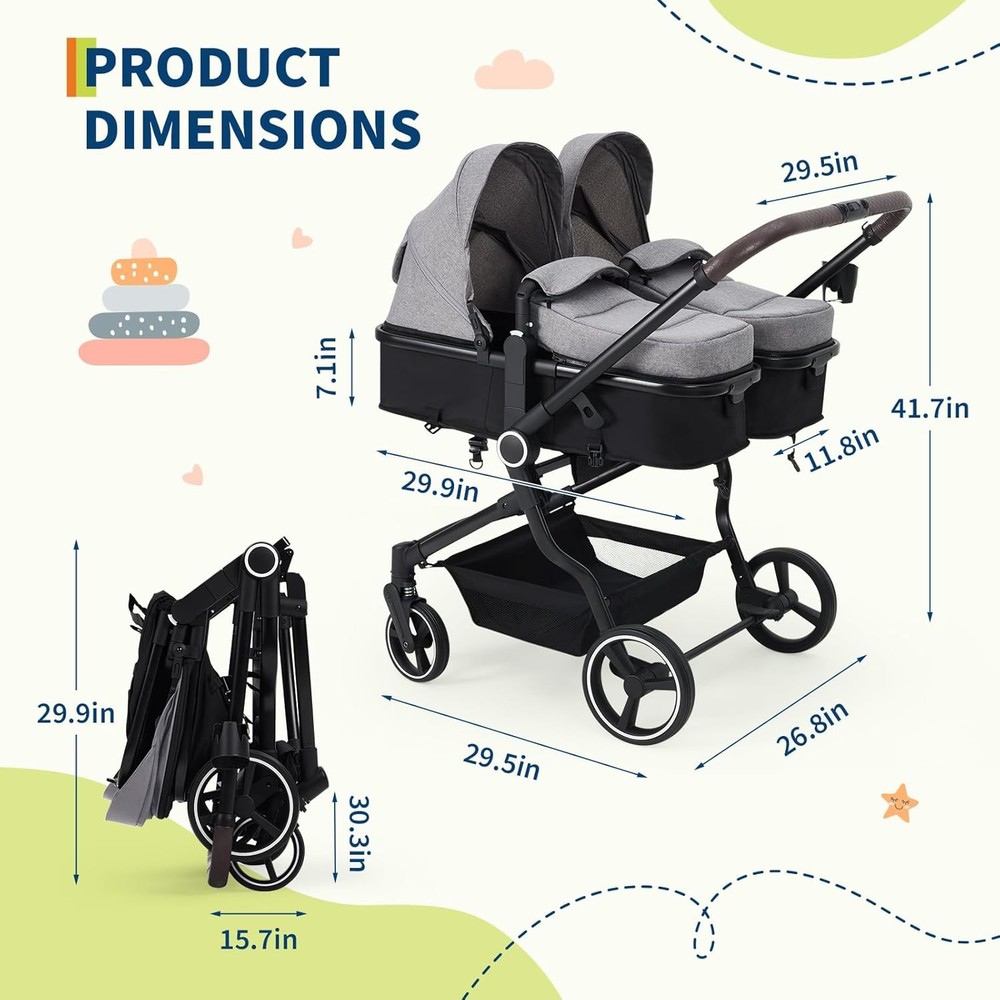 Side by Side Double Stroller Lightweight Compact Foldable Baby Travel Stroller