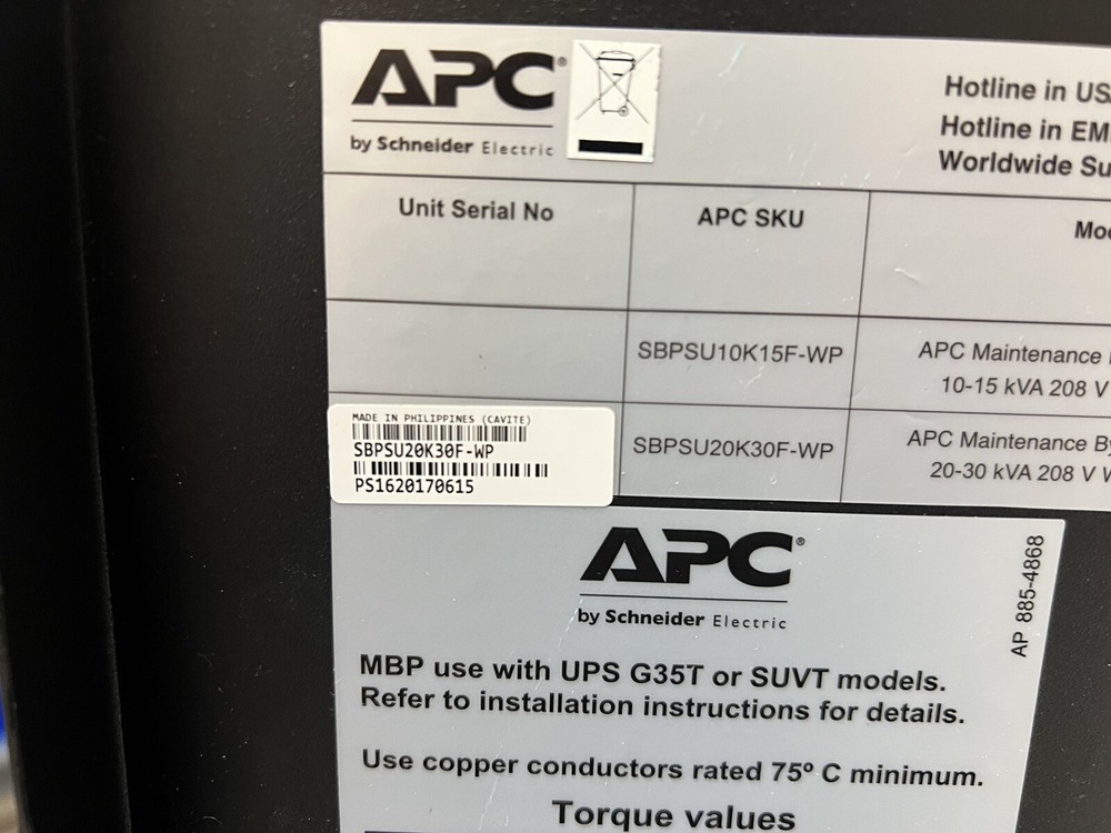 APC SBPSU20K30F-WP Maintenance Bypass Panel 20-30kVA 208V Wallmount