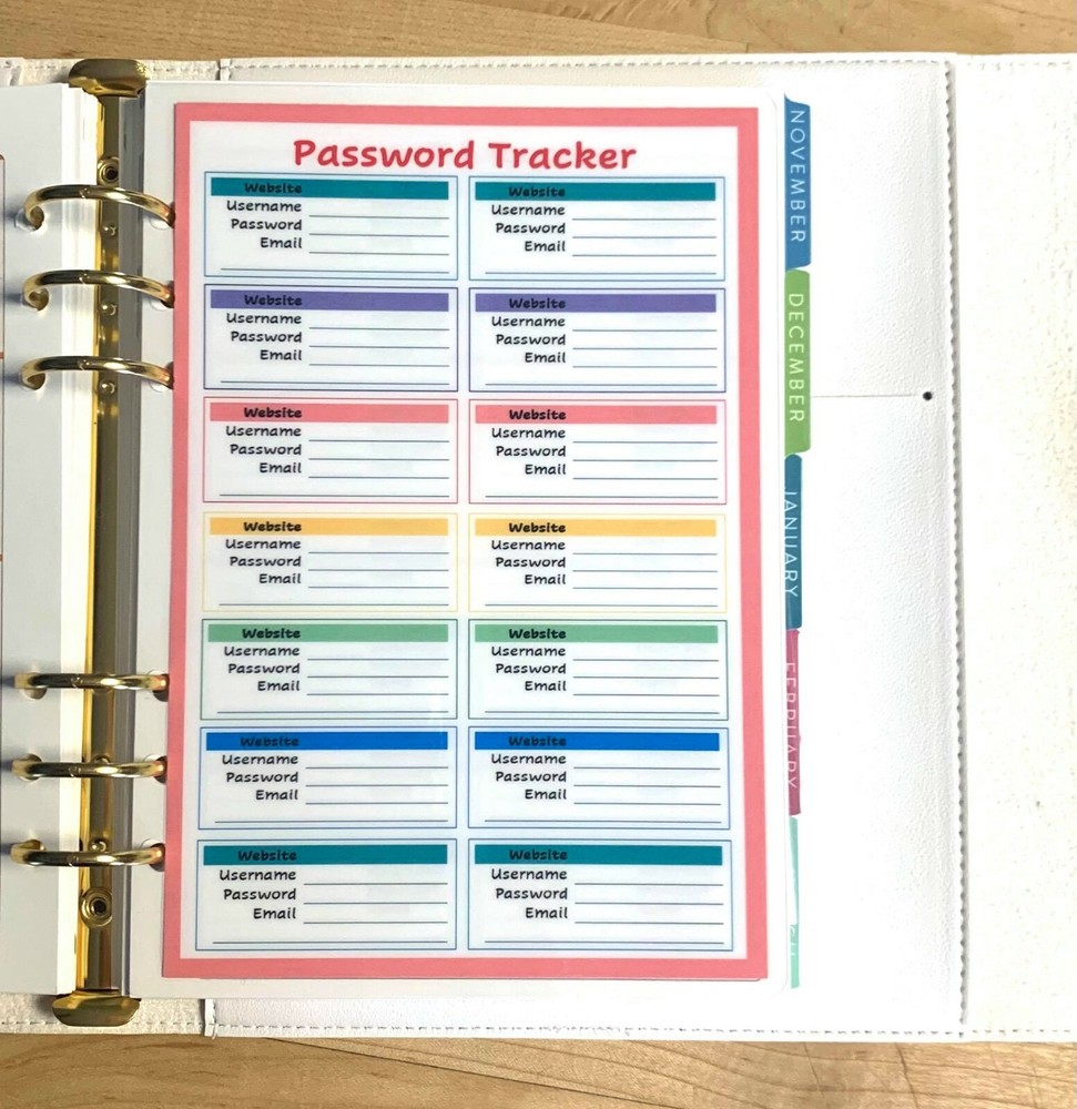 Password Organizer Dashboard Insert 4 use with ErinCondren A5 Ring Agenda
