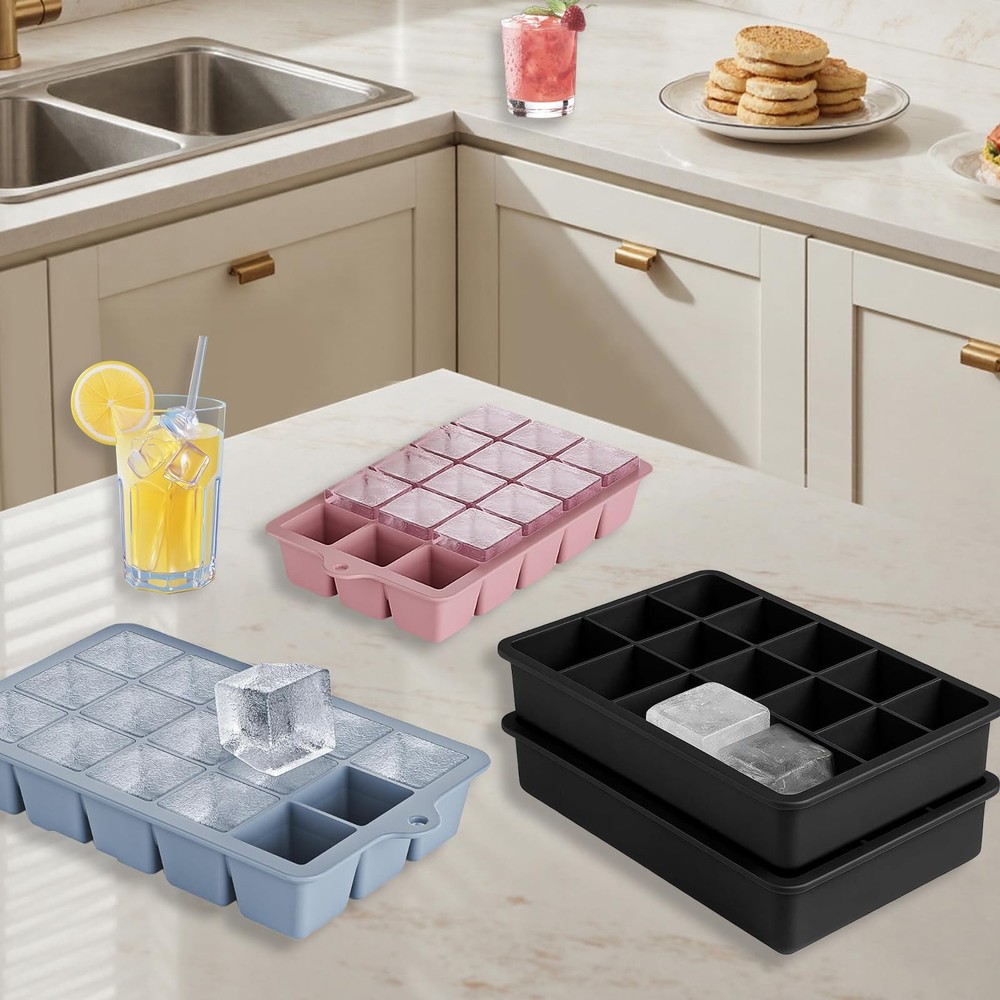 Large Silicone Ice Cube Trays with Lid, Make 15 Ice Cubes per Tray, Include 7...